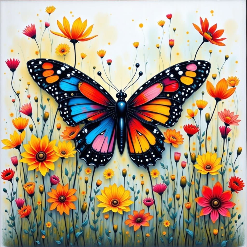 Colorful Butterfly Among Flowers Caricature