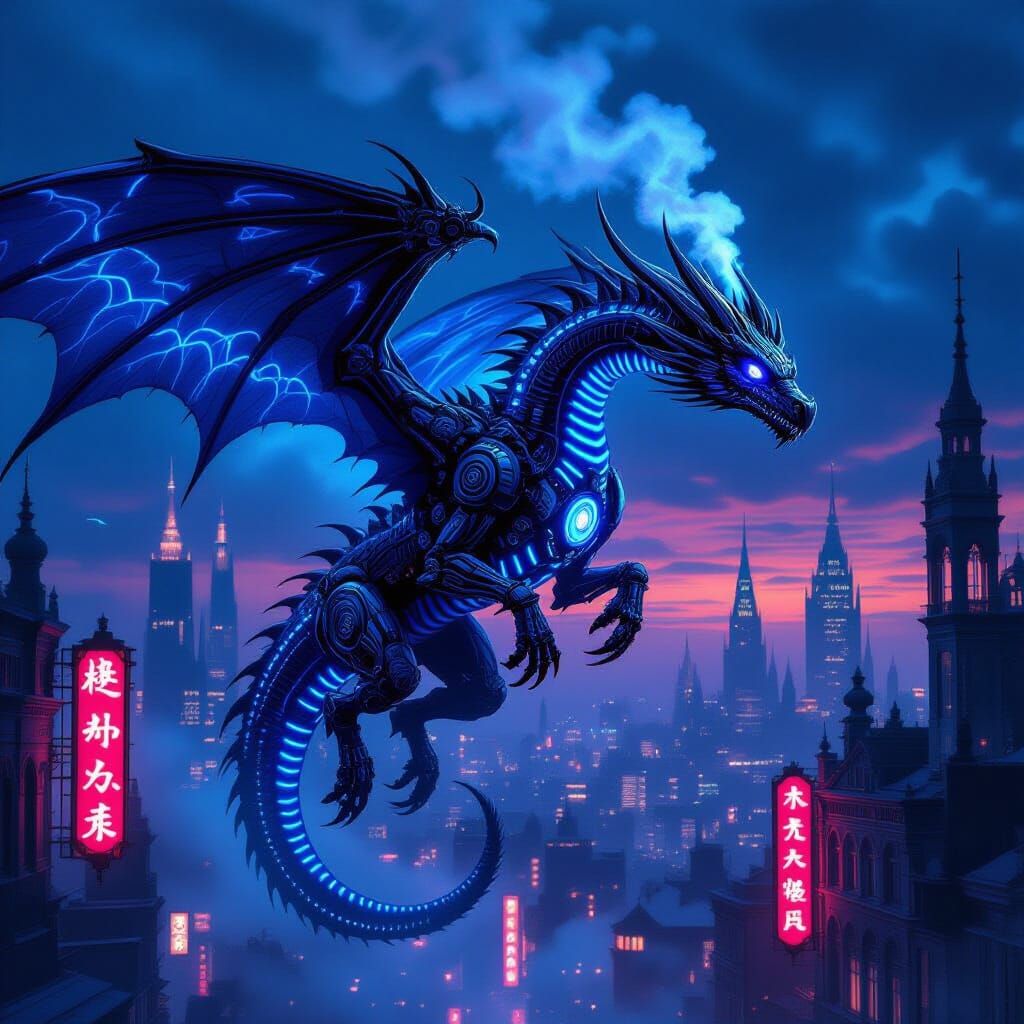 Biomechanical Dragon Soaring Through Cyberpunk City