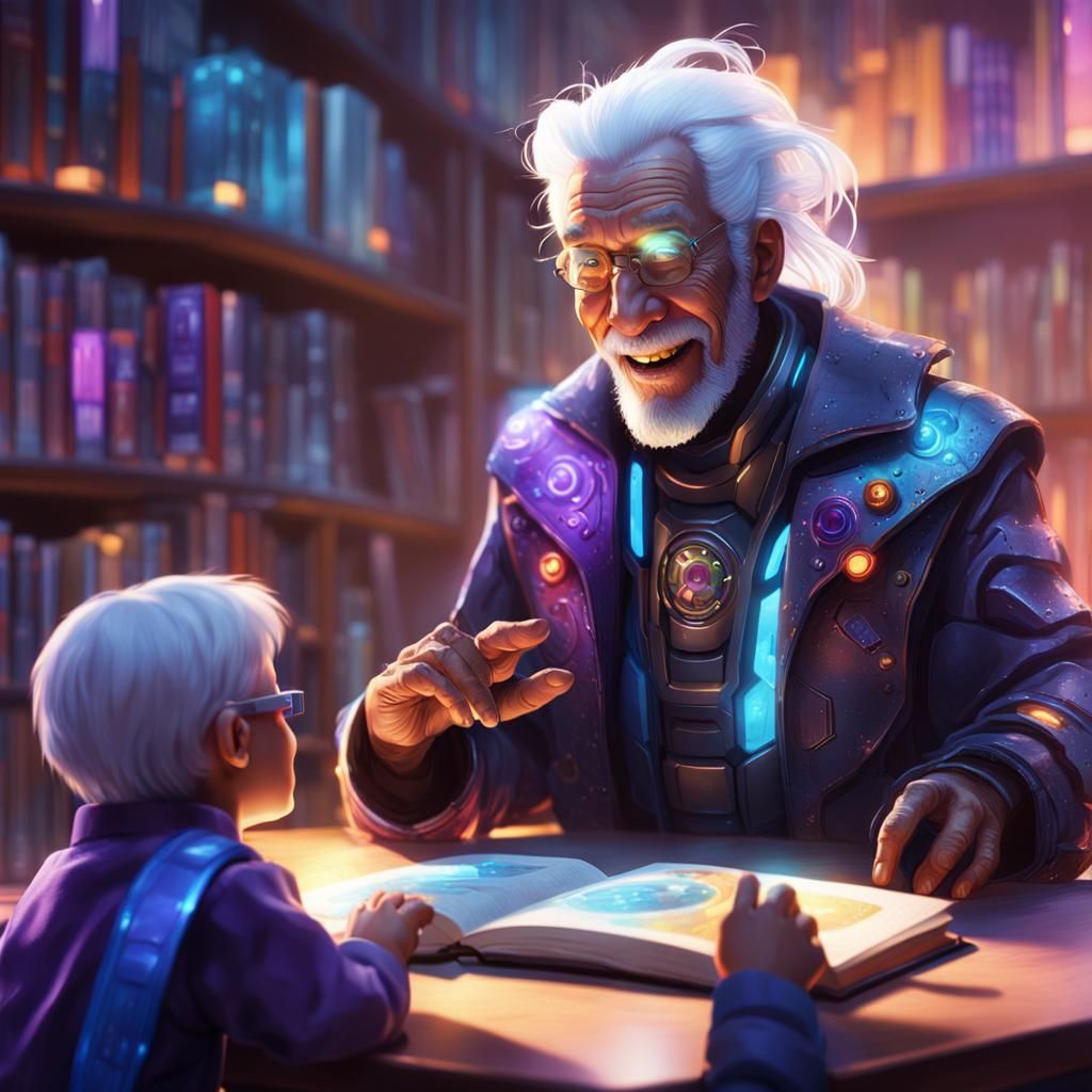 Cyborg Storyteller in Futuristic Library: Hyperrealistic Con...