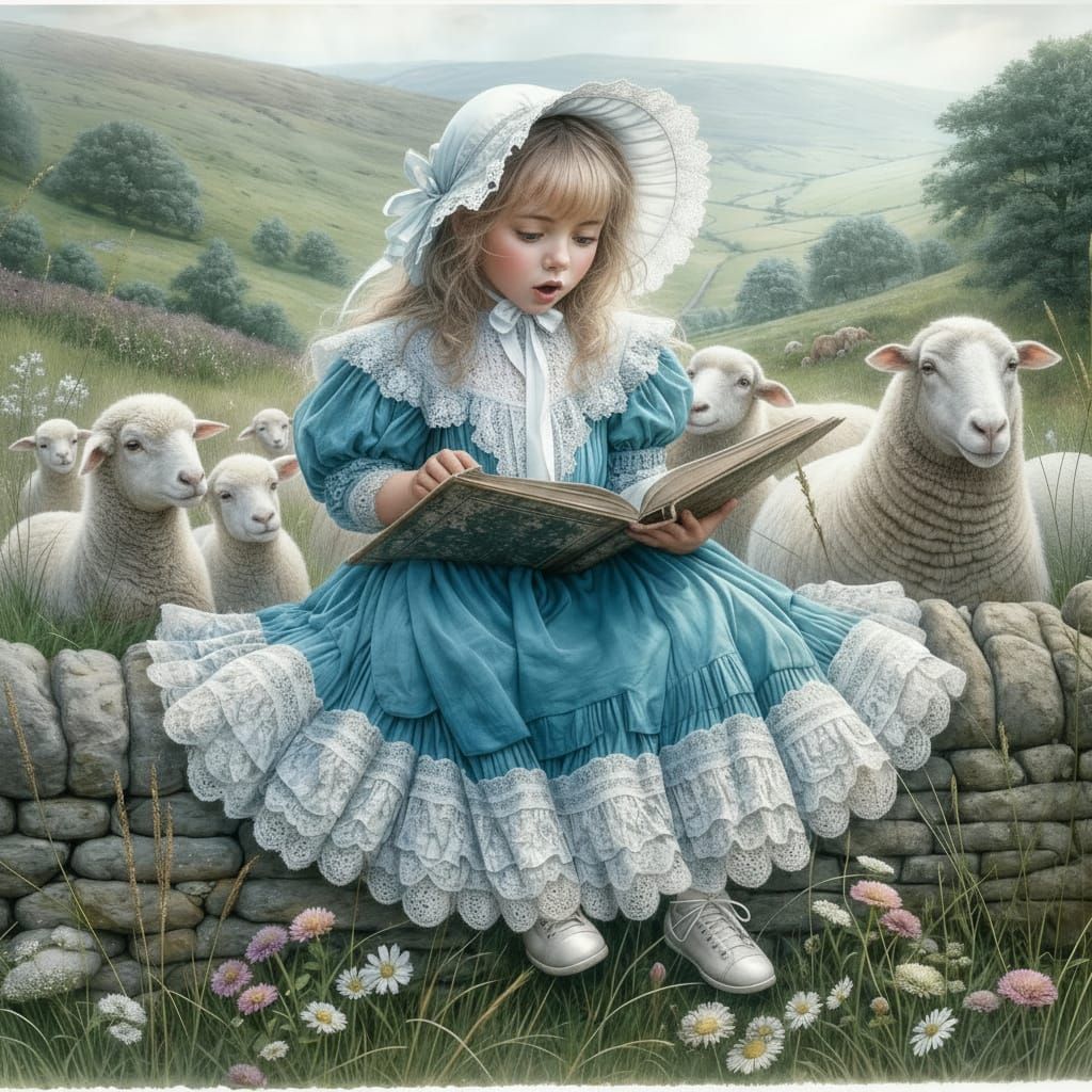 Girl Reads to Sheep in Watercolor Countryside