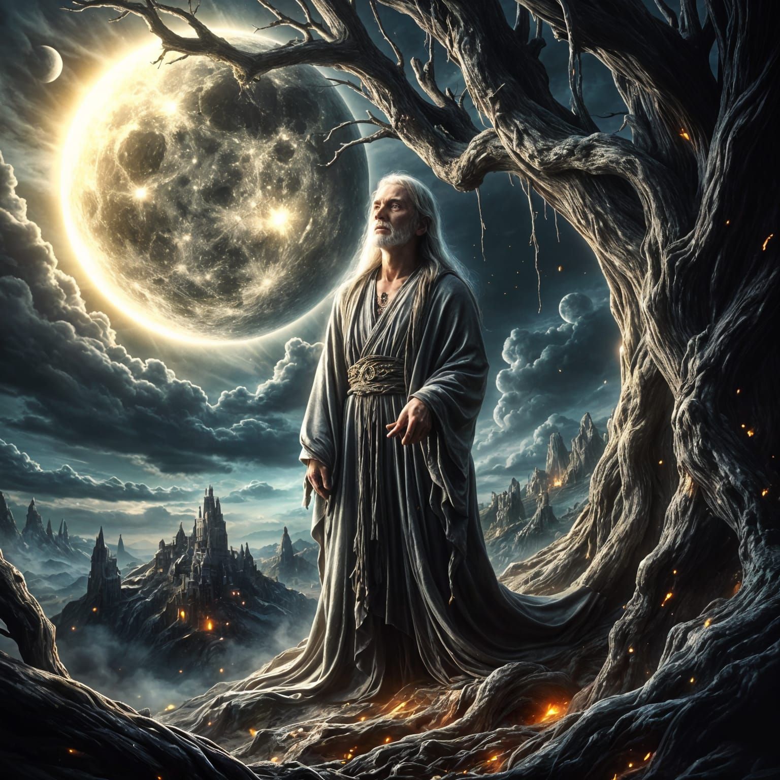 Wizard Gazing at Moon Beside Ancient Oak