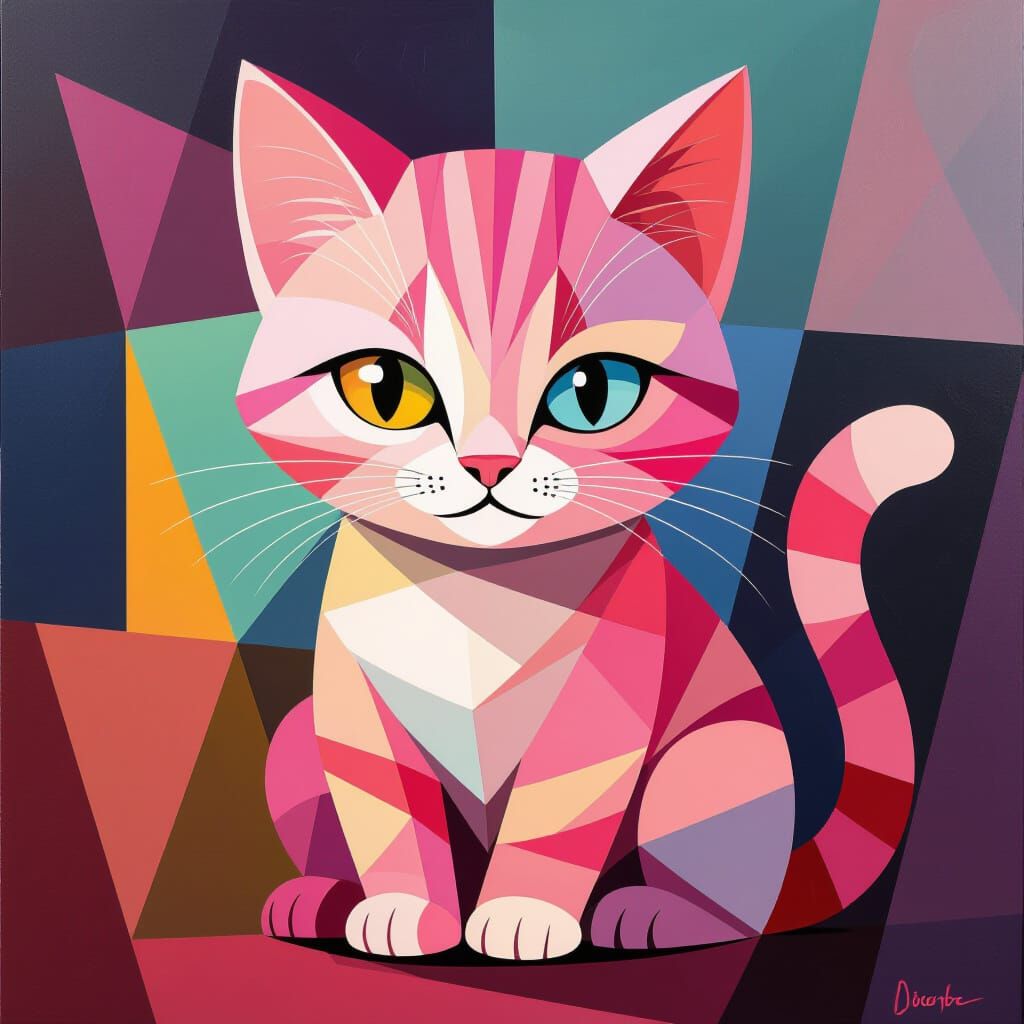 Pink Cat Cubist Painting in Art Deco Style