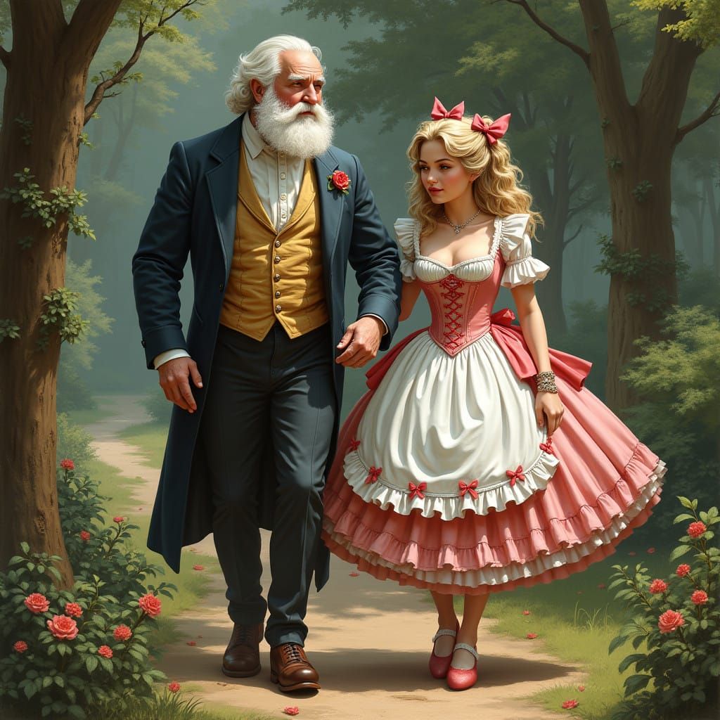 A Powerful Lord and Dainty Maid Stroll through a Lush 18th-C...