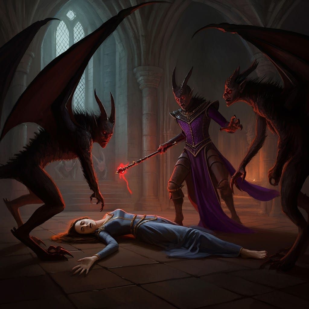 Medieval Woman Surrounded by Winged Creatures