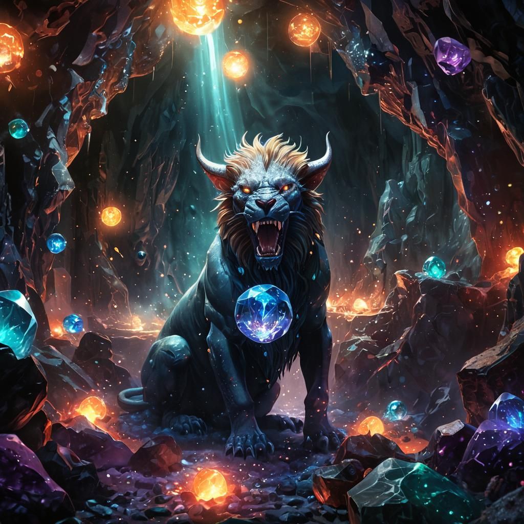 Chimera in Crystal Cavern, Neon Ink Splatter Art