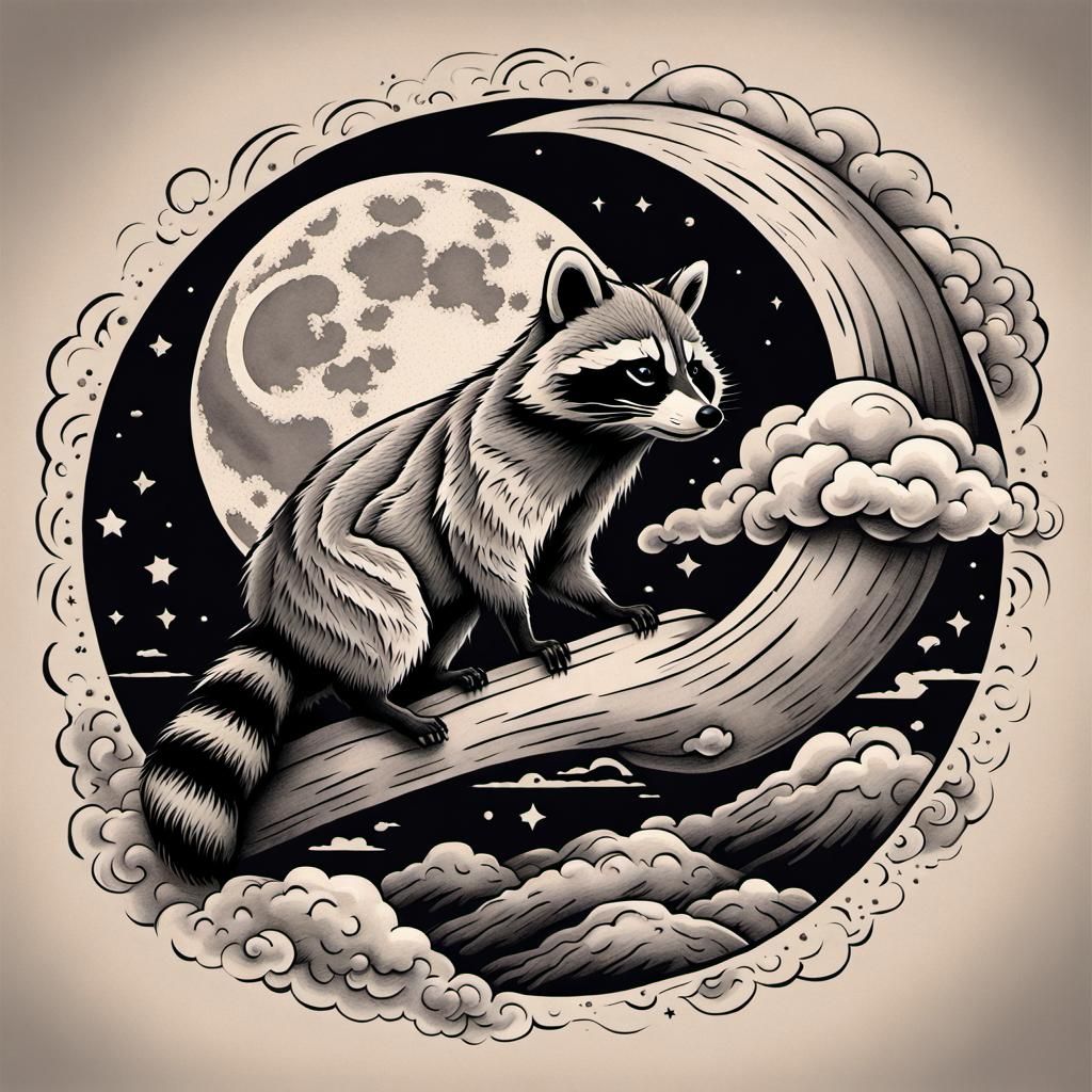 Woodcut. A Japanese-inspired tattoo 1/2 sleeve design featuring a raccoon stealing the moon would be rich in color and d...