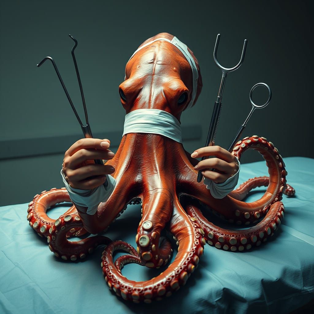 Octopus Surgeon in a Hyperrealistic Splash Art Style