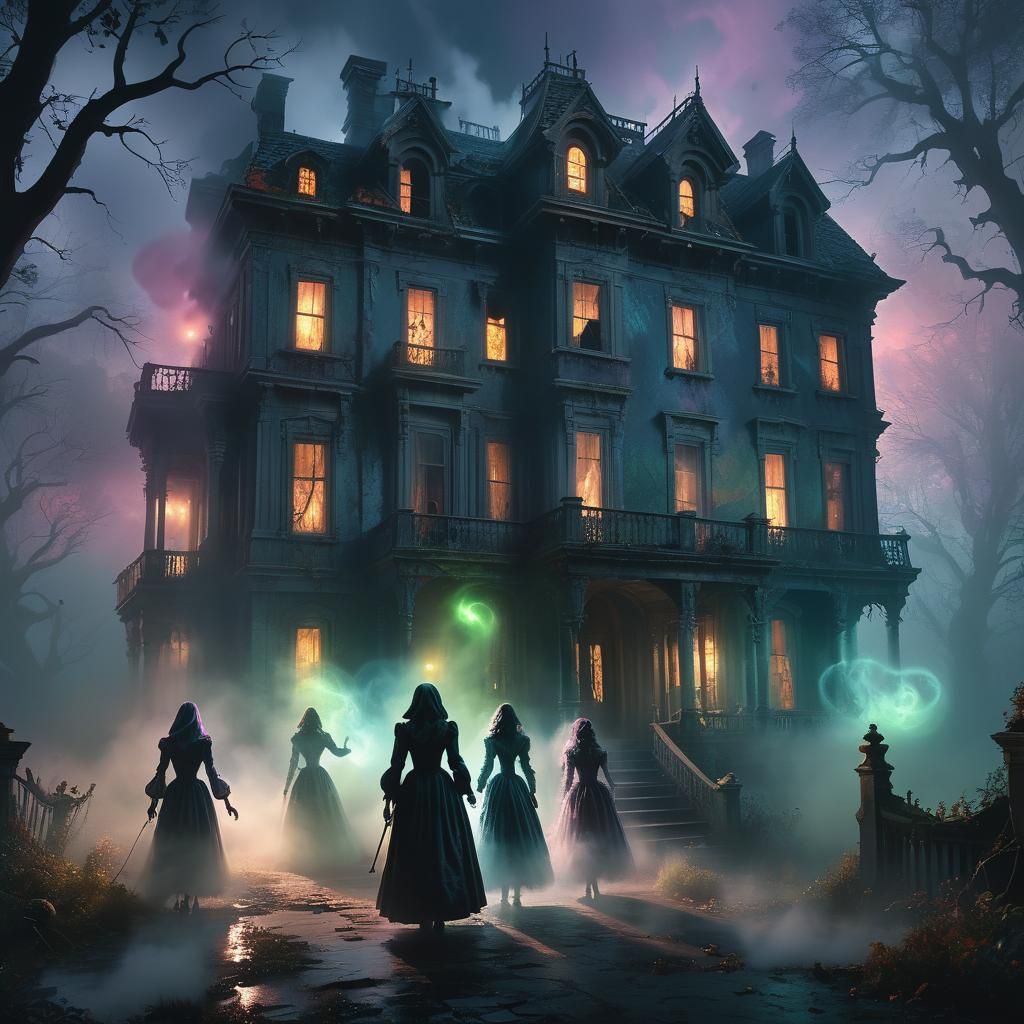 Eerie Abandoned Mansion with Ghouls in Surreal Style