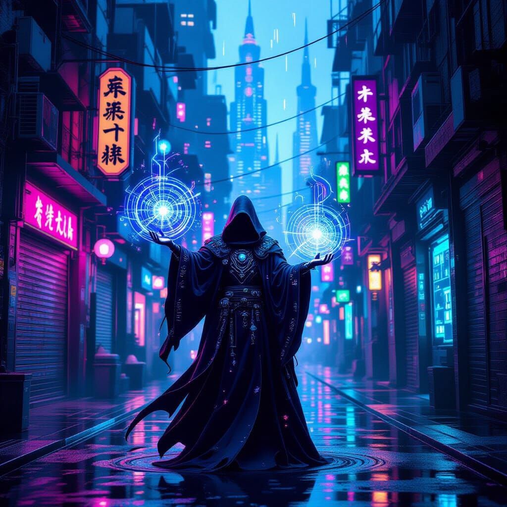 A cyberpunk wizard conjures a holographic spellbook amidst a...
