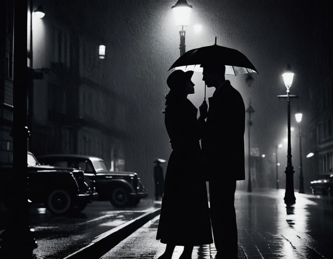 Film Noir: Lovers in Rainy Cityscape