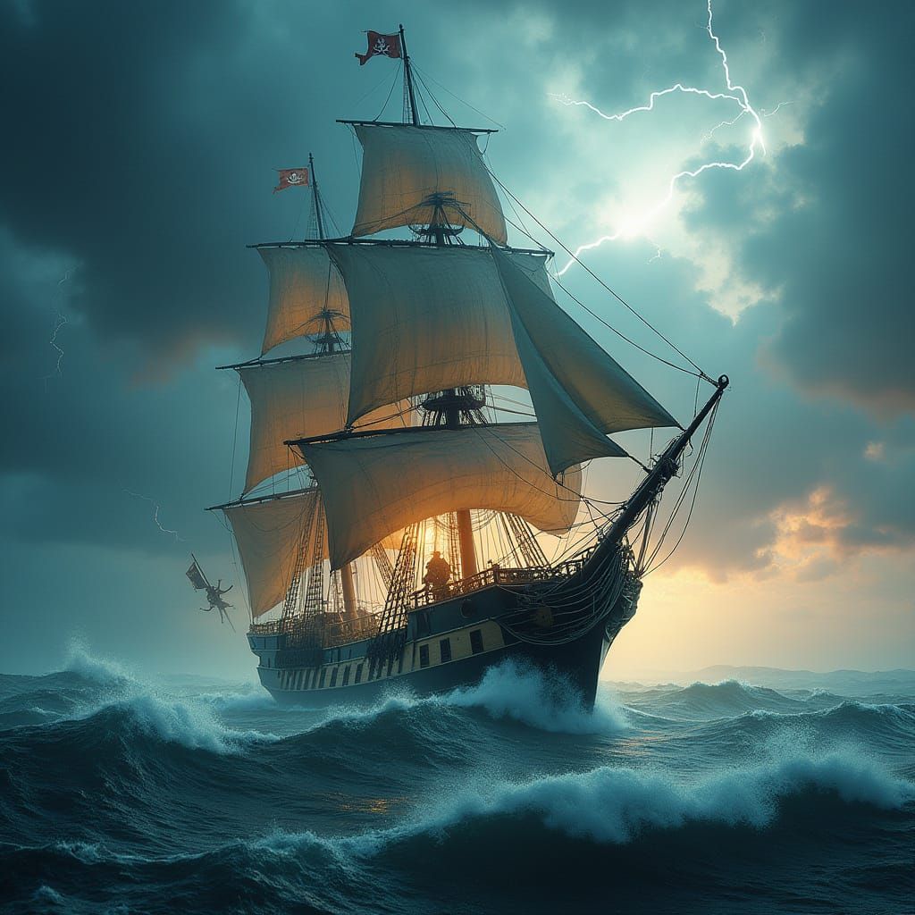 Stormy Pirate Ship Battle in Hyper-Realistic Style