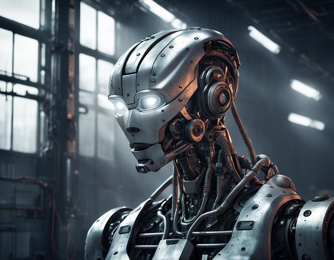 Futuristic Robot in Warehouse: Stylized Digital Art