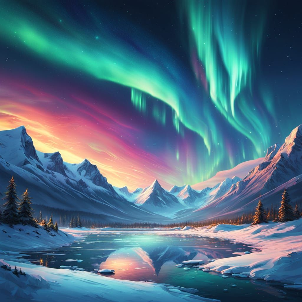 Aurora Borealis Oil Painting Over Icy Landscape