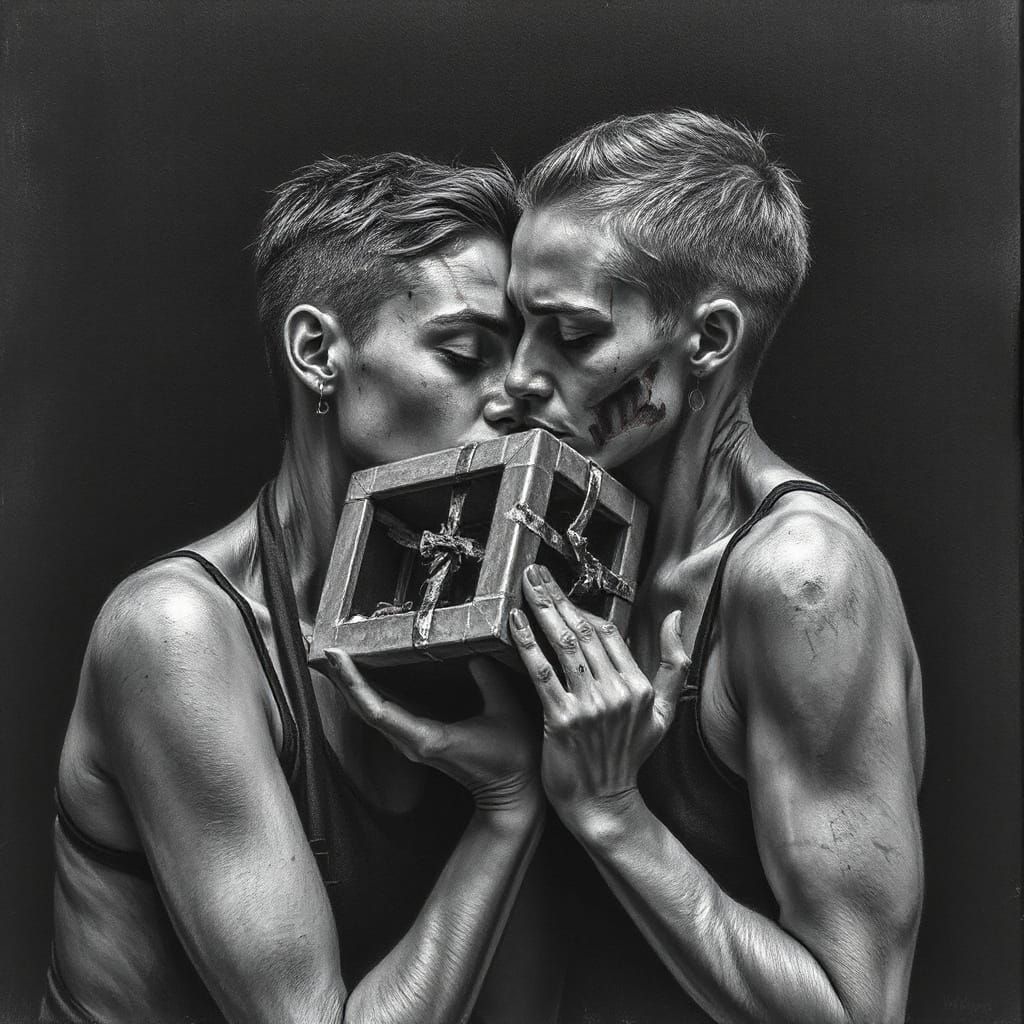 Hyperdetailed Charcoal Drawing: Love and Despair