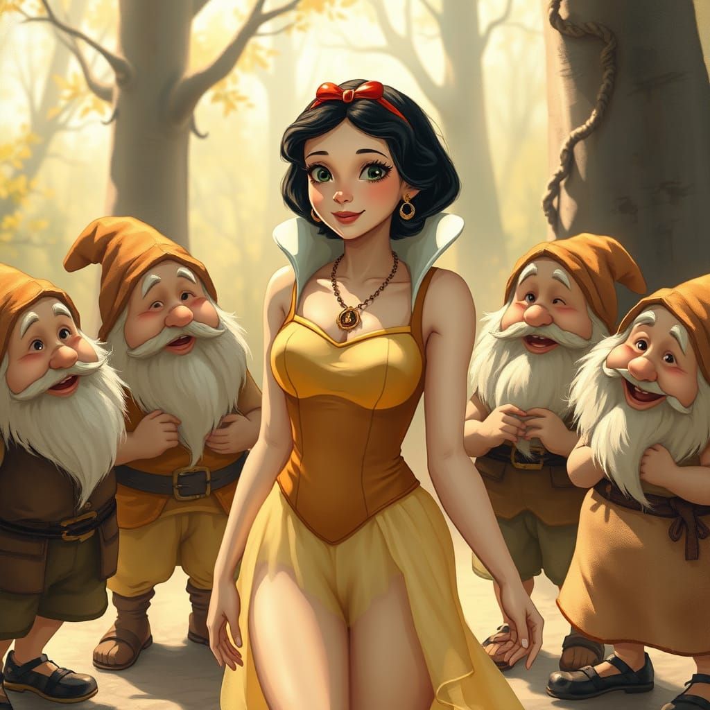 Surreal Fairy Tale Scene of Snow White with Happy Dwarves in...