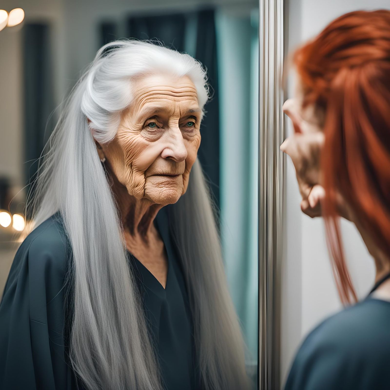 a very old woman with long silver-gray hair stands in front ...