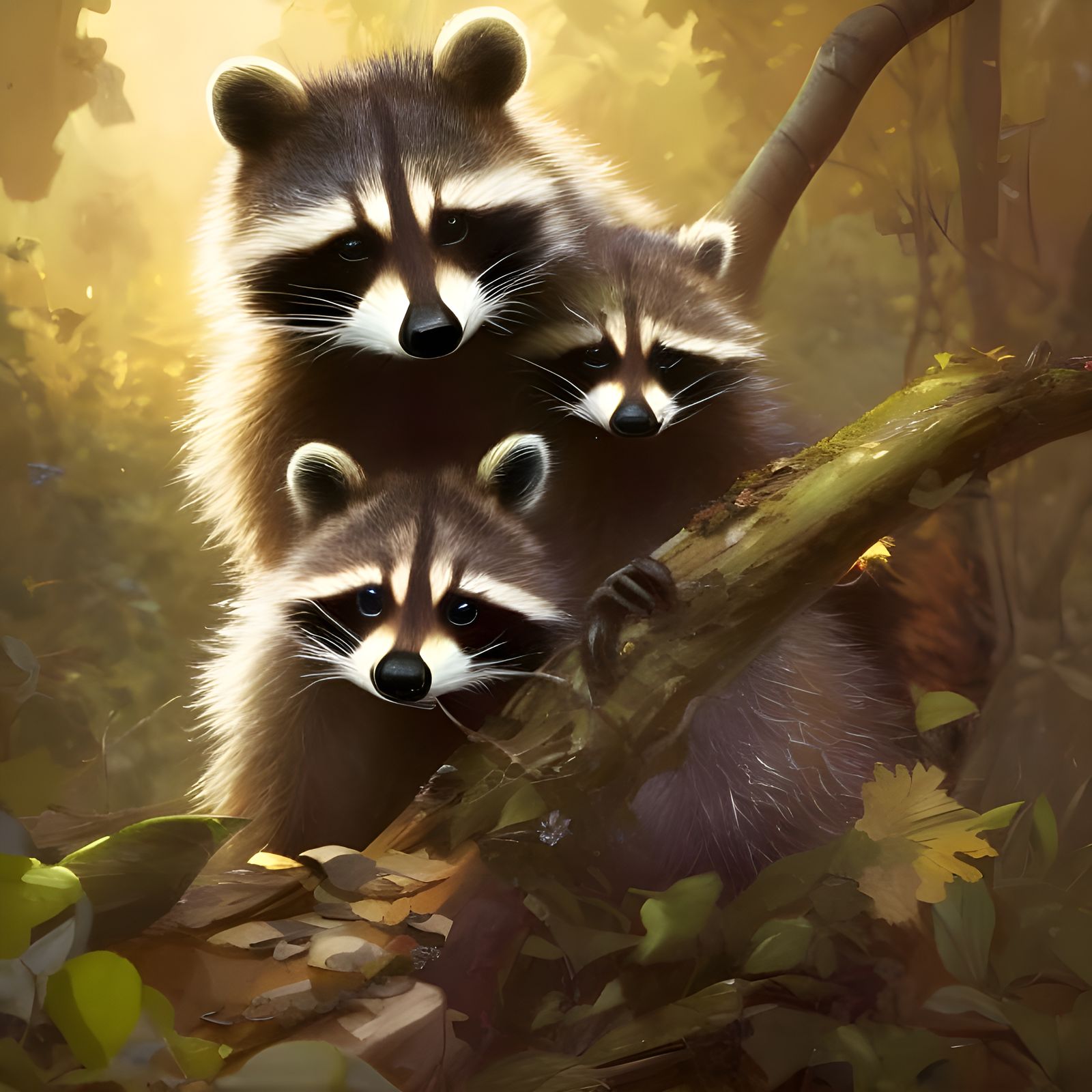 Raccoon Family Defending Cubs: Hyperdetailed Concept Art