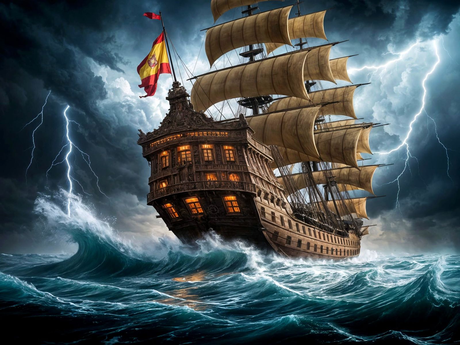 Spanish Galleon Battles Stormy Seas in Photorealistic Master...