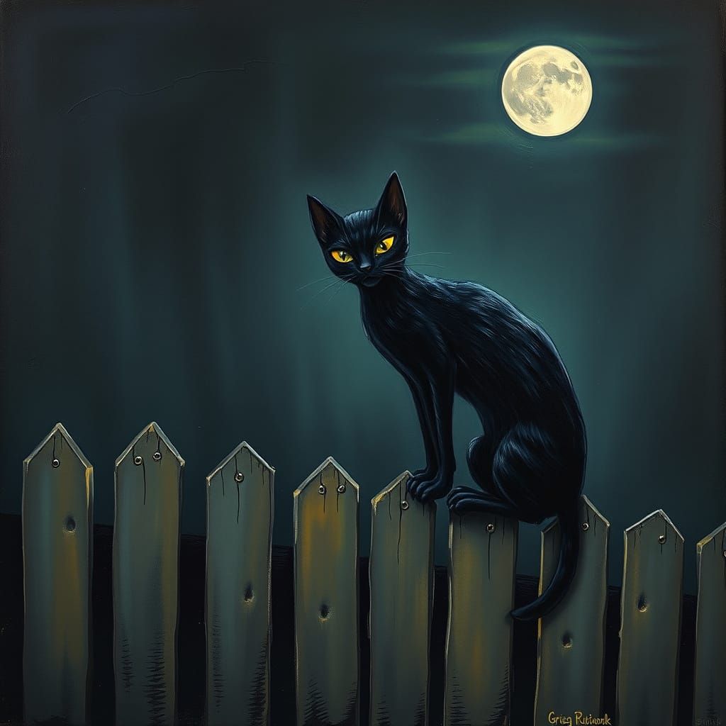 Sinister Cartoon Black Cat on Fence in Surreal Style