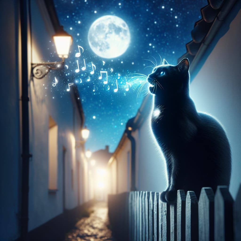 Singing Cat in Moonlit Alleyway