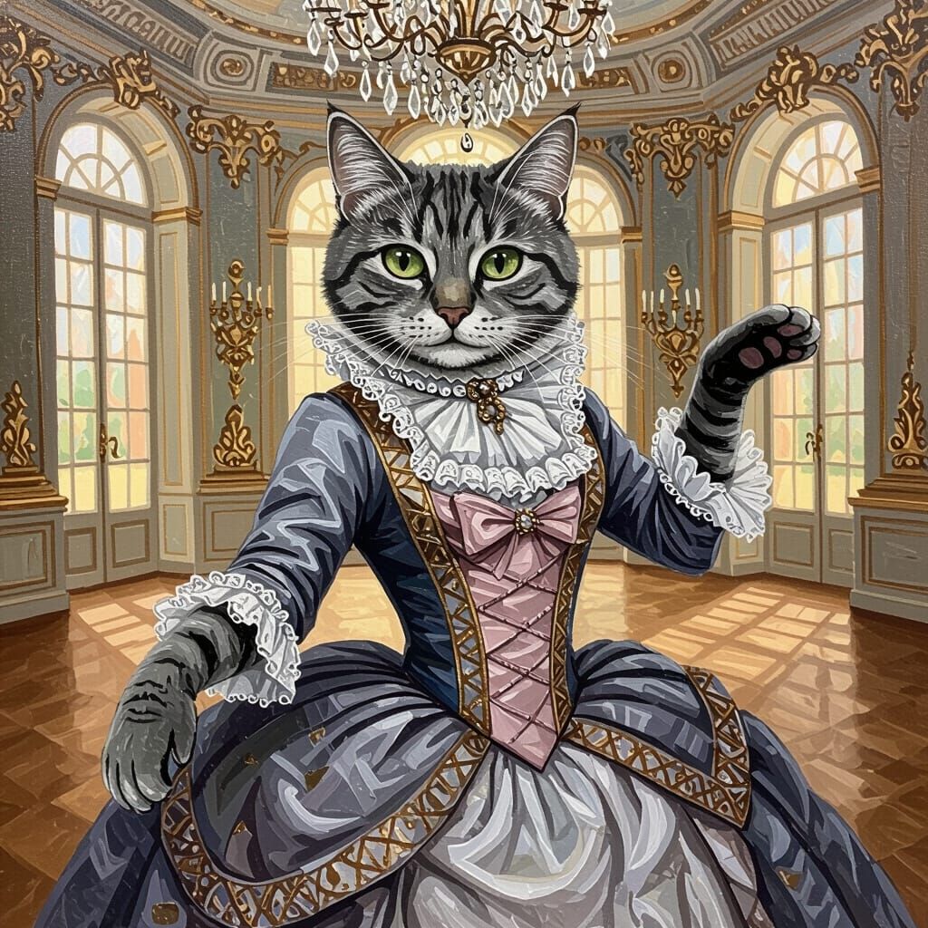 Cat in Rococo Gown Dancing in Grand Ballroom