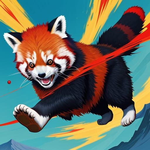 Red Panda Soars Over Mountains in Anime Style