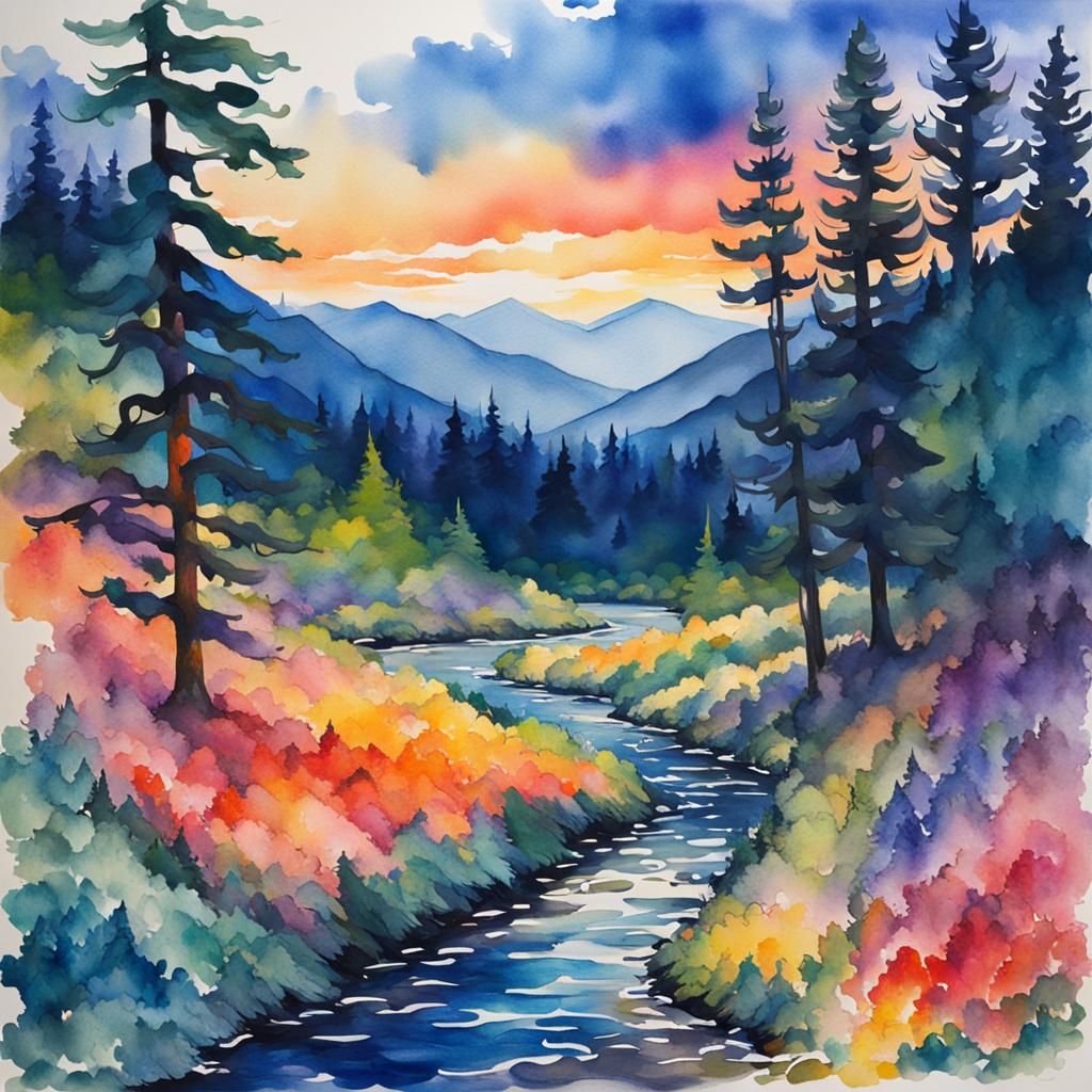 hyper detailed : abstract vivid sunset, abstract blue mountains, abstract Douglas fir trees, abstract rocky grassy shor...