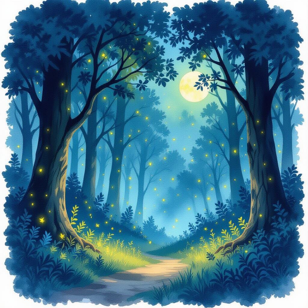 Magical Forest Dusk with Twinkling Fireflies in Watercolor S...