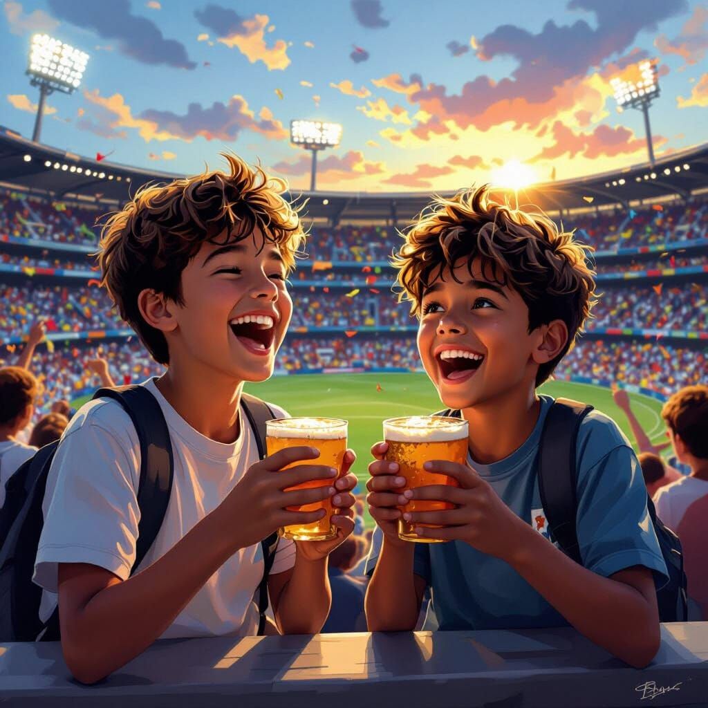 Two Boys Celebrate in a Stadium, Vibrant Colors