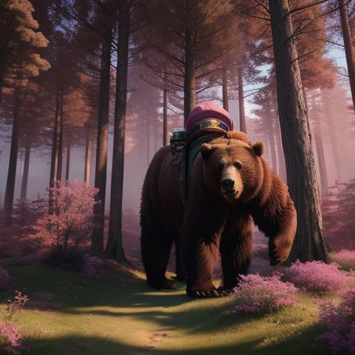 Brown Bear Waving in Pink Forest: Fantasy Art