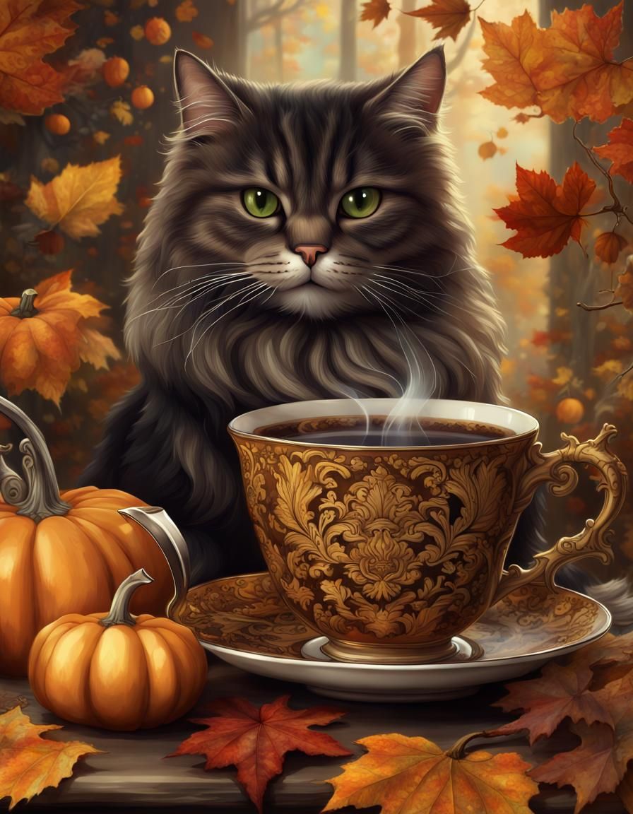 Fluffy Cat Enjoys Coffee in Rococo Style