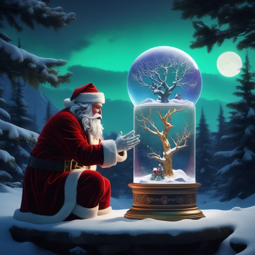 Stately Santa Claus Cradles Magical Snow Globe with Contrast...