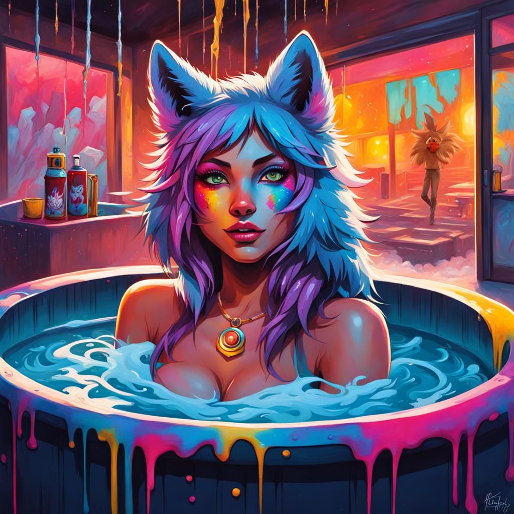 Furry Wolf Girl in Hot Tub: Graffiti Art