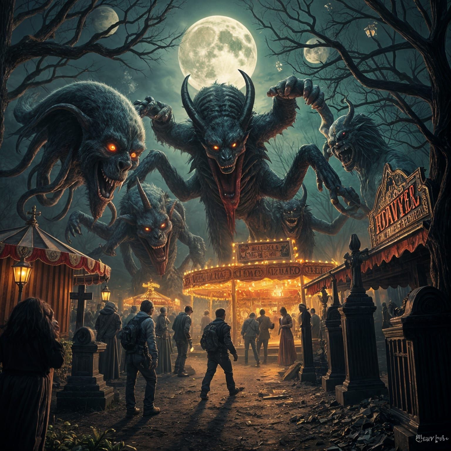 Hyperrealistic Monster Carnival in Cemetery