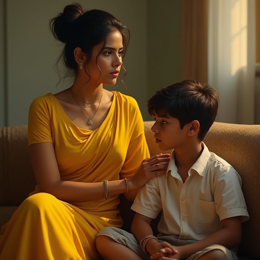 Indian Woman Admonishing Young Man in Yellow Silk Outfit