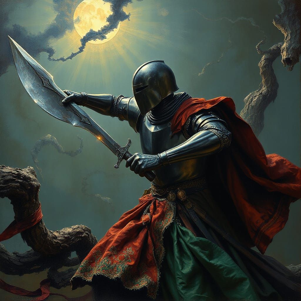 Moonlit Knight in Fractured Realm: Pre-Raphaelite Painting