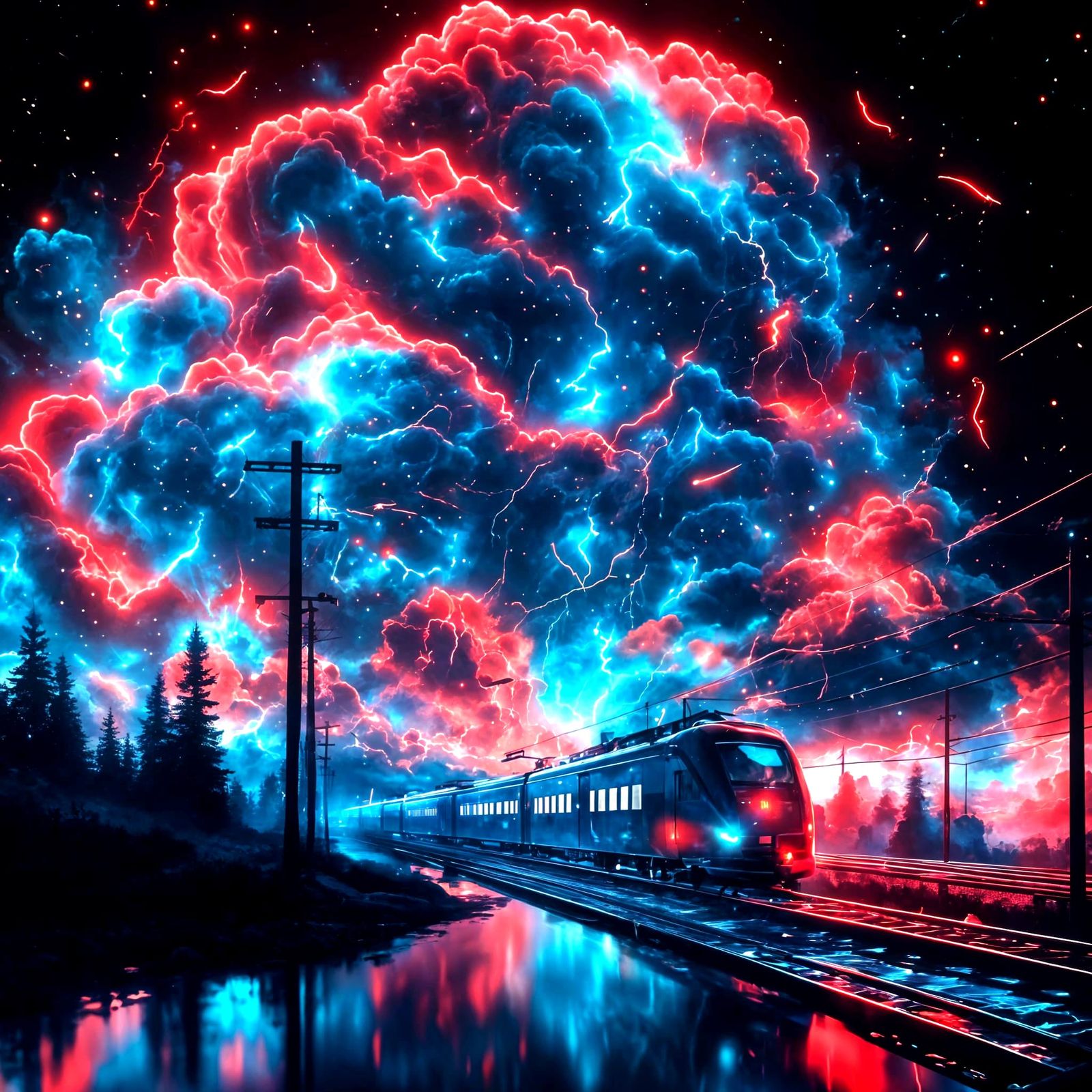 Neon Dreamscape: Fluorescent Train in Cosmic Storm