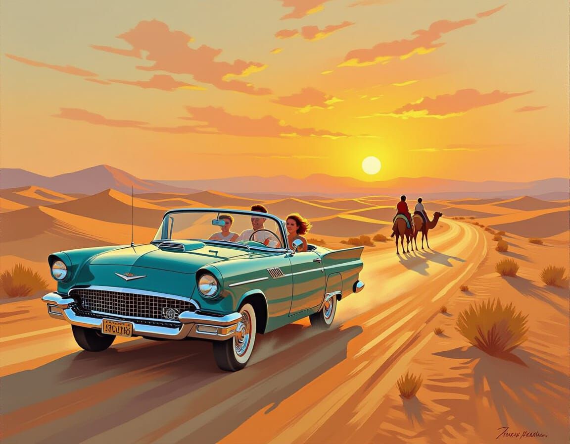Vintage Desert Highway Sunset Family Adventure
