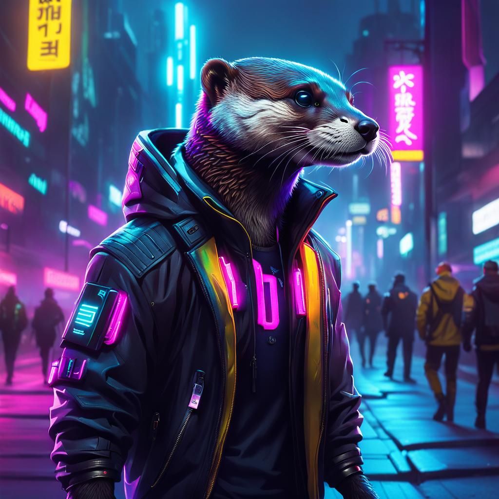 Cyberpunk Otter Strides Through Neon Cityscape
