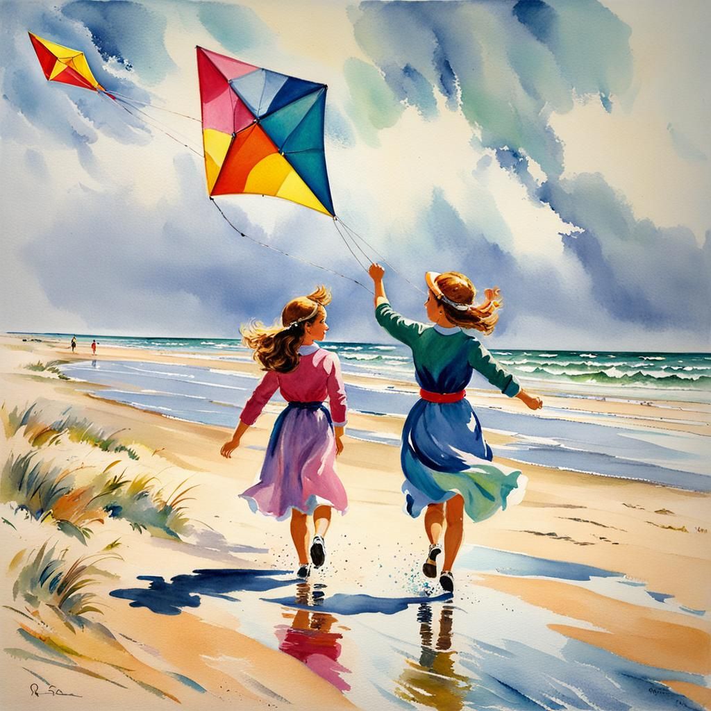 kites two pretty girls 8 years old fly kites at the beach along the North Sea