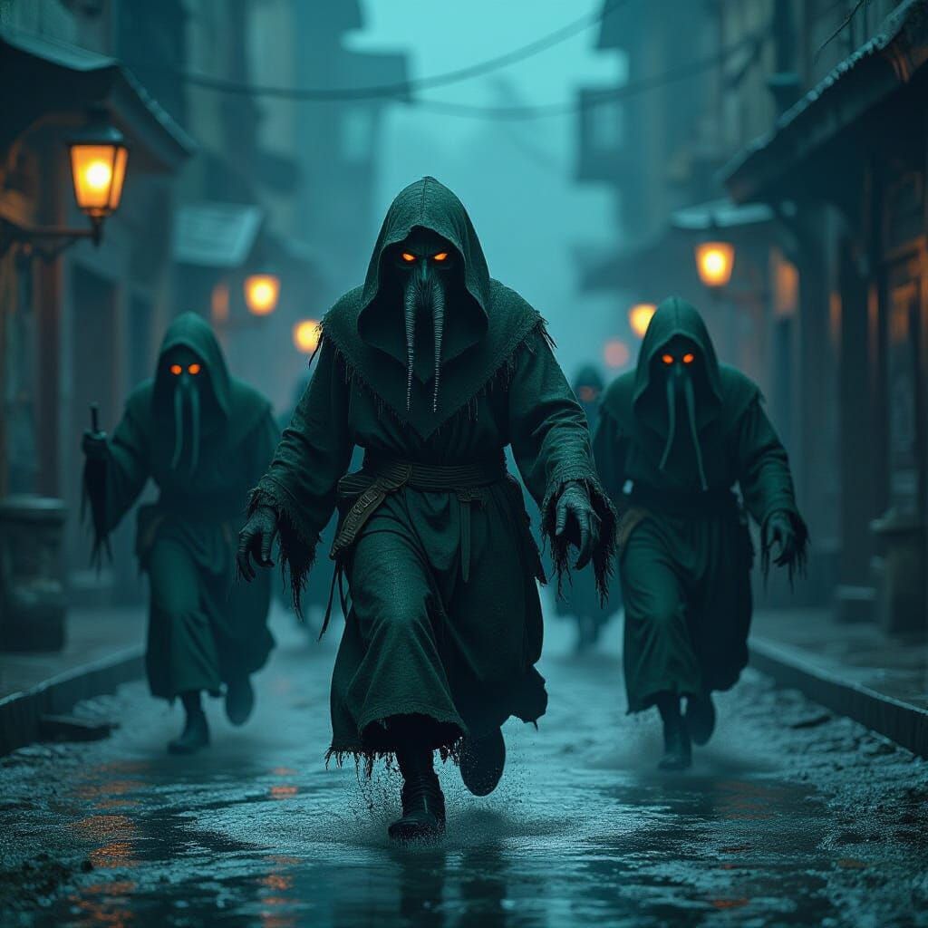 Grotesque Deep Ones in Innsmouth Streets, Biomechanical Horr...