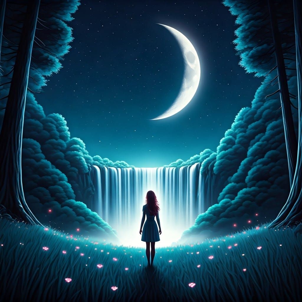 Woman Gazing at Starry Sky in Magical Forest