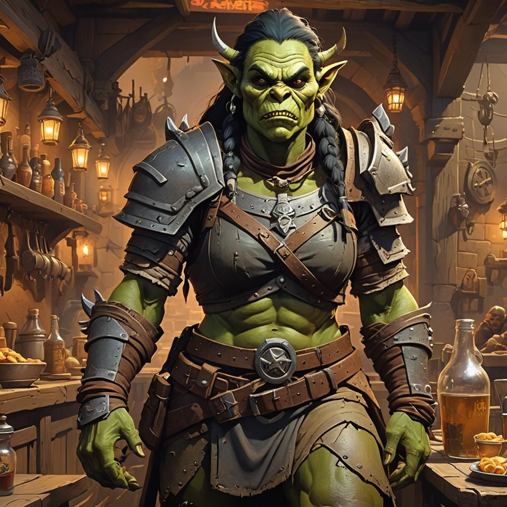 Female Orc Explorer in Tavern, Frazetta Style