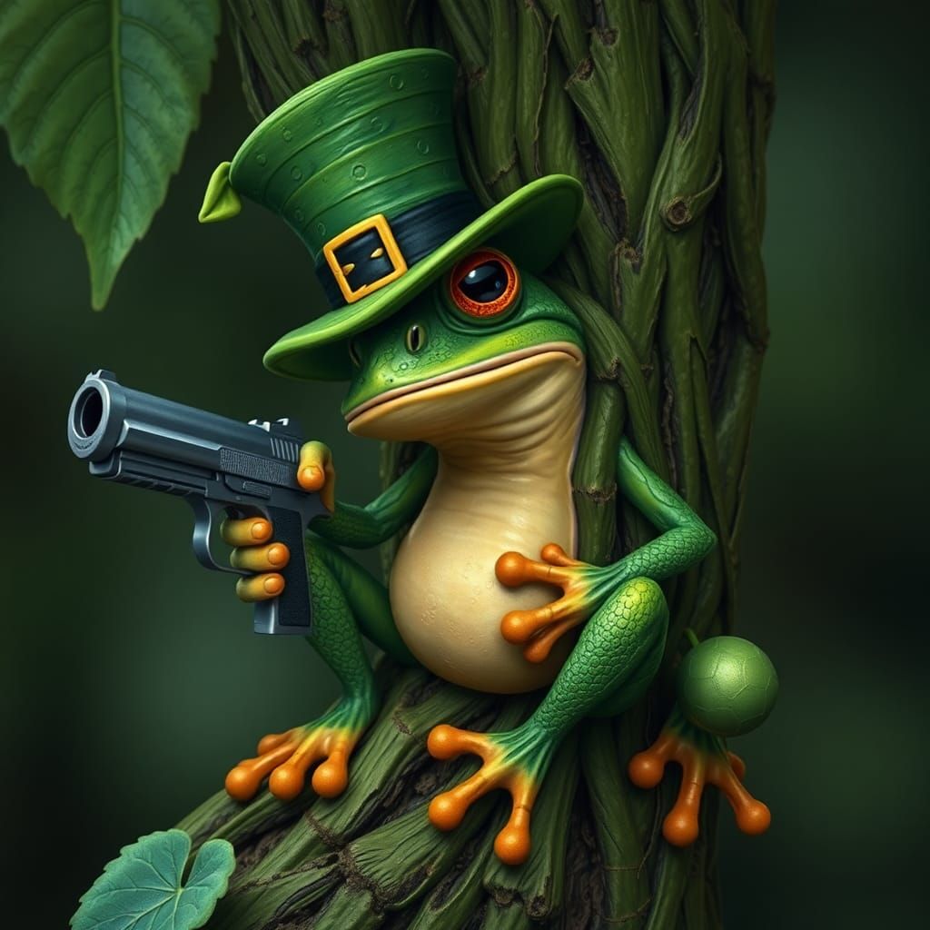 Green Tree Frog and Leprechaun With Pistol