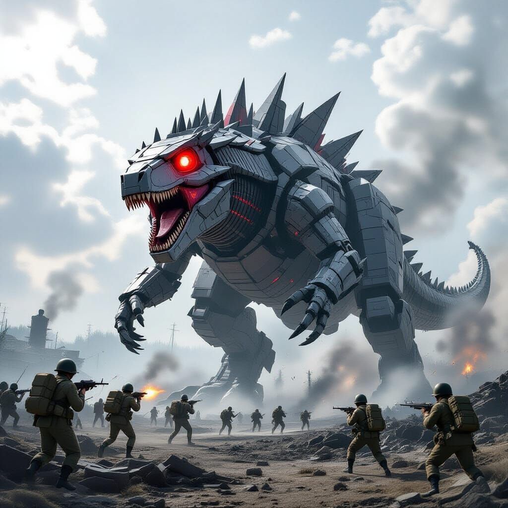 Mechanical Dinosaur Attacks WWII Battlefield in Anime Style