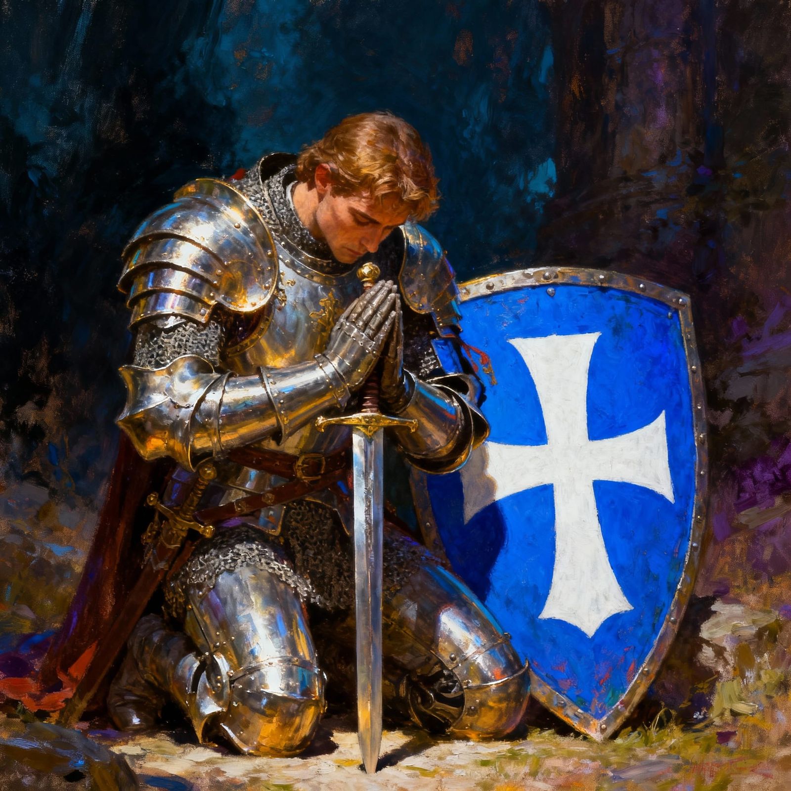 Valiant Knight in Prayer with Sword and Shield
