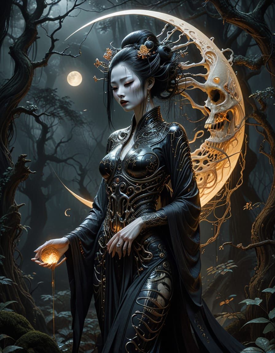 Jiangshi-Geisha Fusion in Biomechanical Dark Fantasy