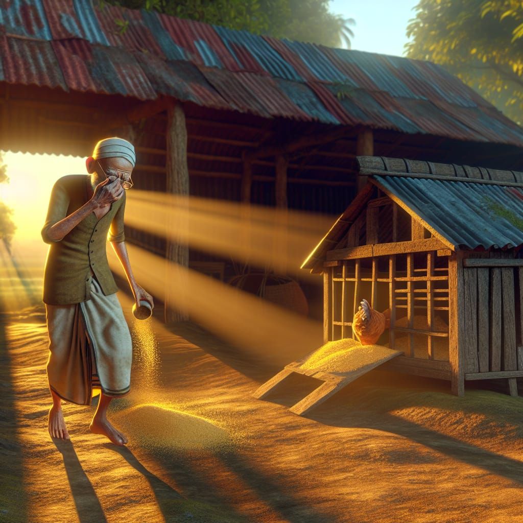 Elderly Farmer Walks to Chicken Coop in Golden Morning Light