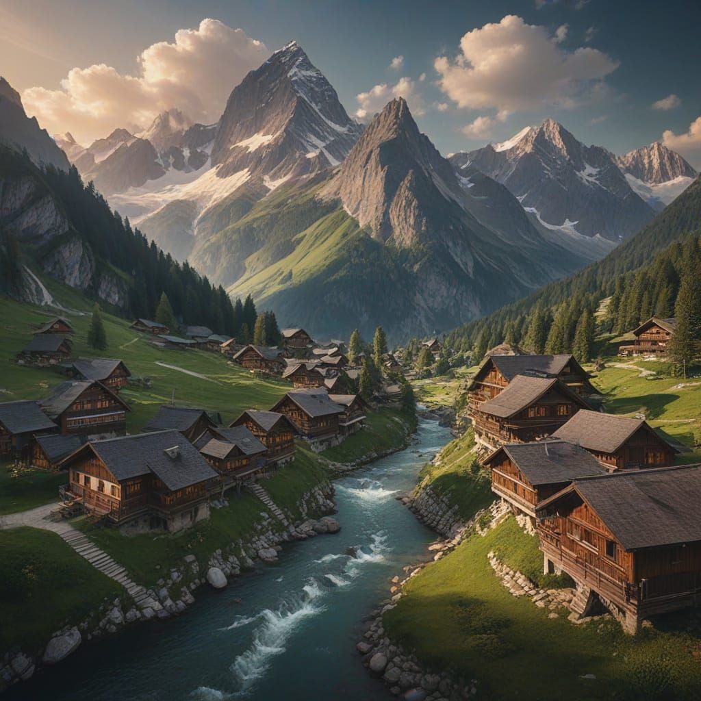 Majestic Alps Sunrise with Village and Waterfalls