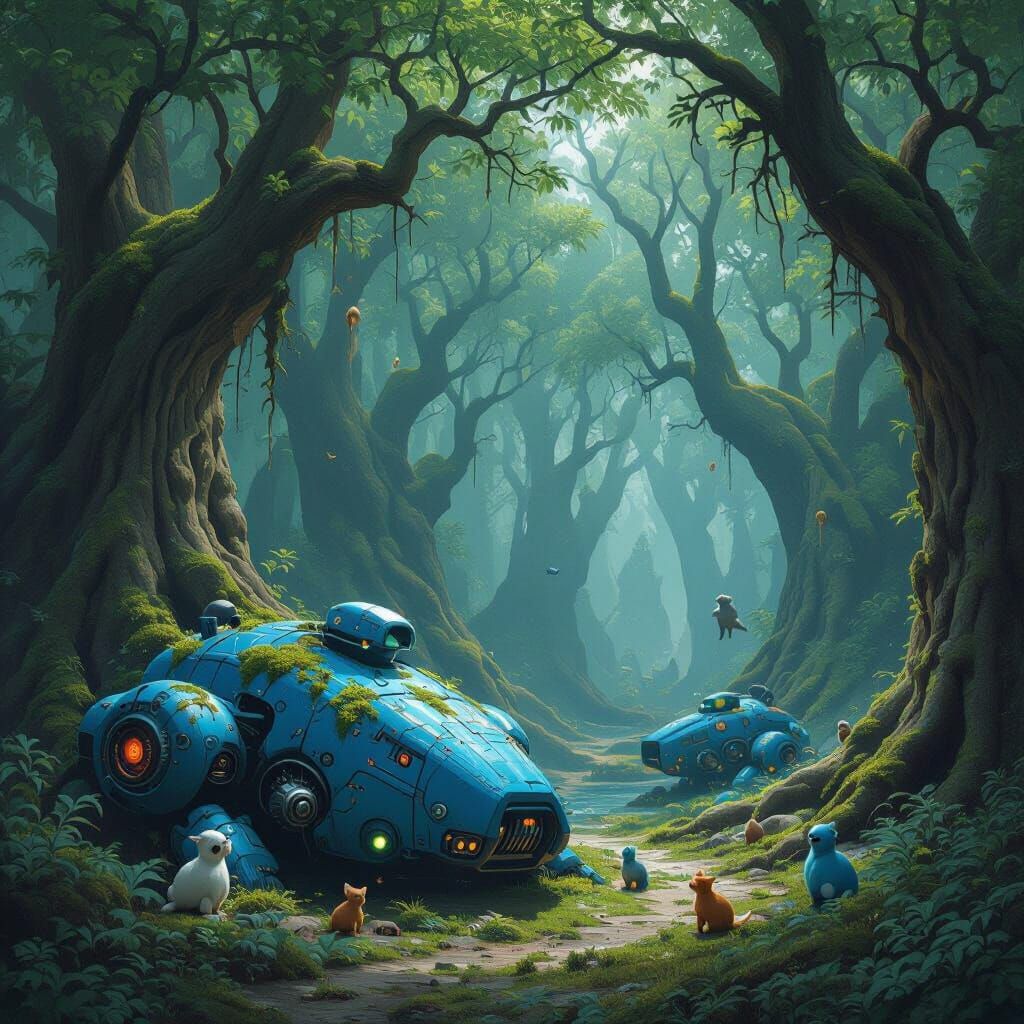 Mystical Fantasy Forest with Blue Mecha in Eerie Fusion